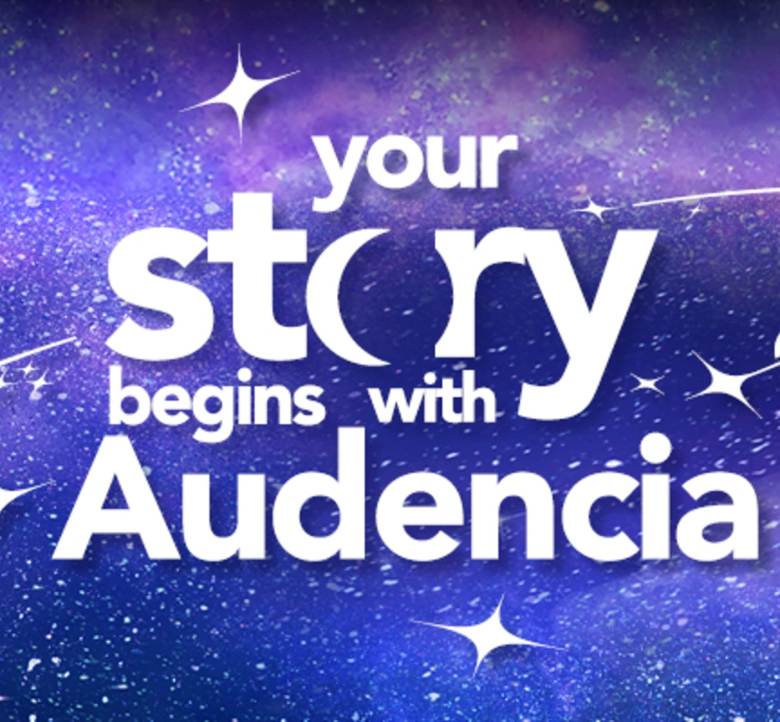 Texte "Your story begins with Audencia" sur fond étoilé