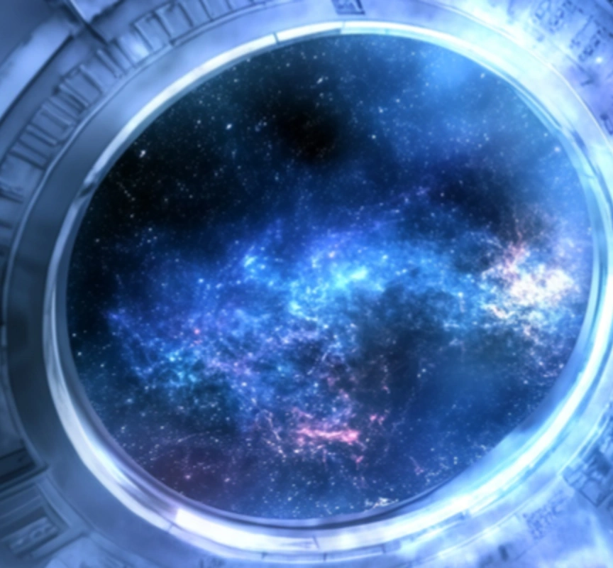 Un ciel étoilé vu depuis le hublot d'un vaisseau spatial