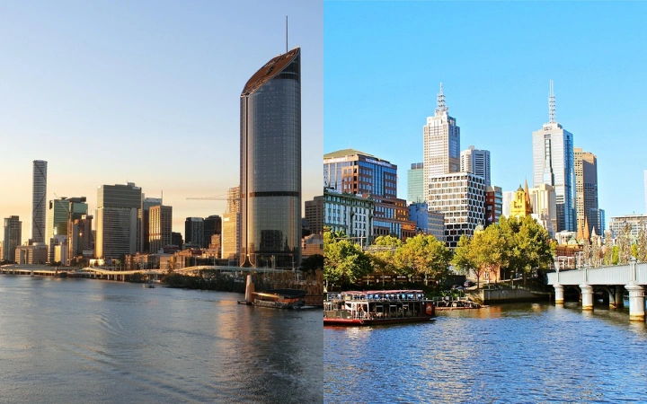 Photo côte à côté de deux paysages représentant Melbourne et Brisbane