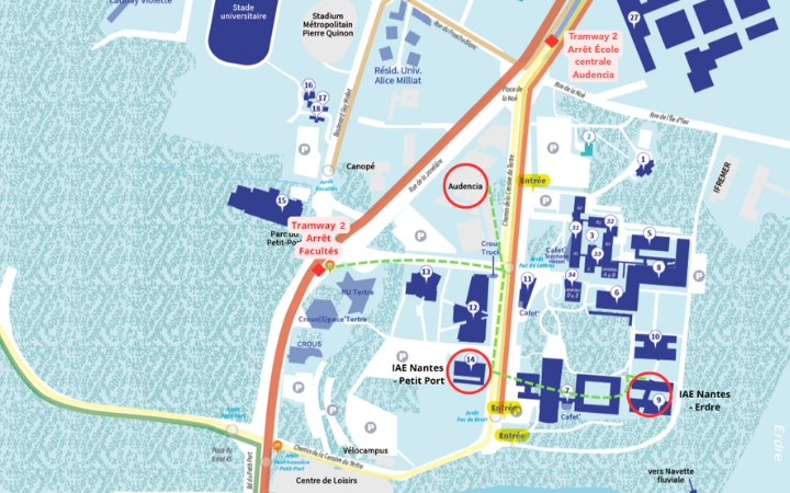 Plan du quartier avec mise en évidence des arrêts de tram pertinents pour accéder à Audencia