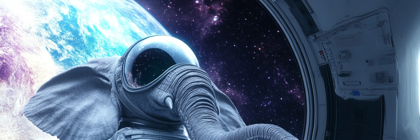 La mascotte Elephancia dans l'espace avec une combinaison d'astronaute