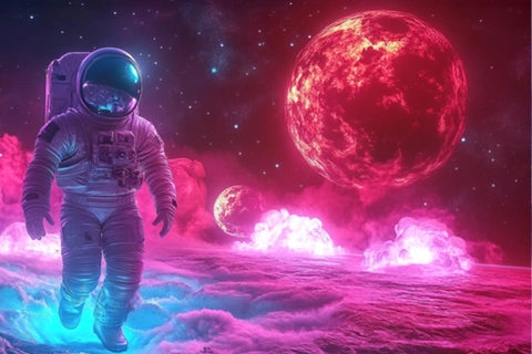 Un astronaute debout avec une planète rouge derrière lui
