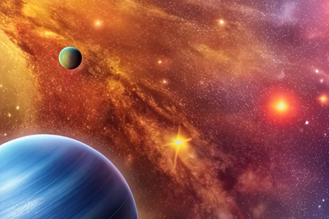 Des planètes dans l'espace sur un fond jaune nébuleux