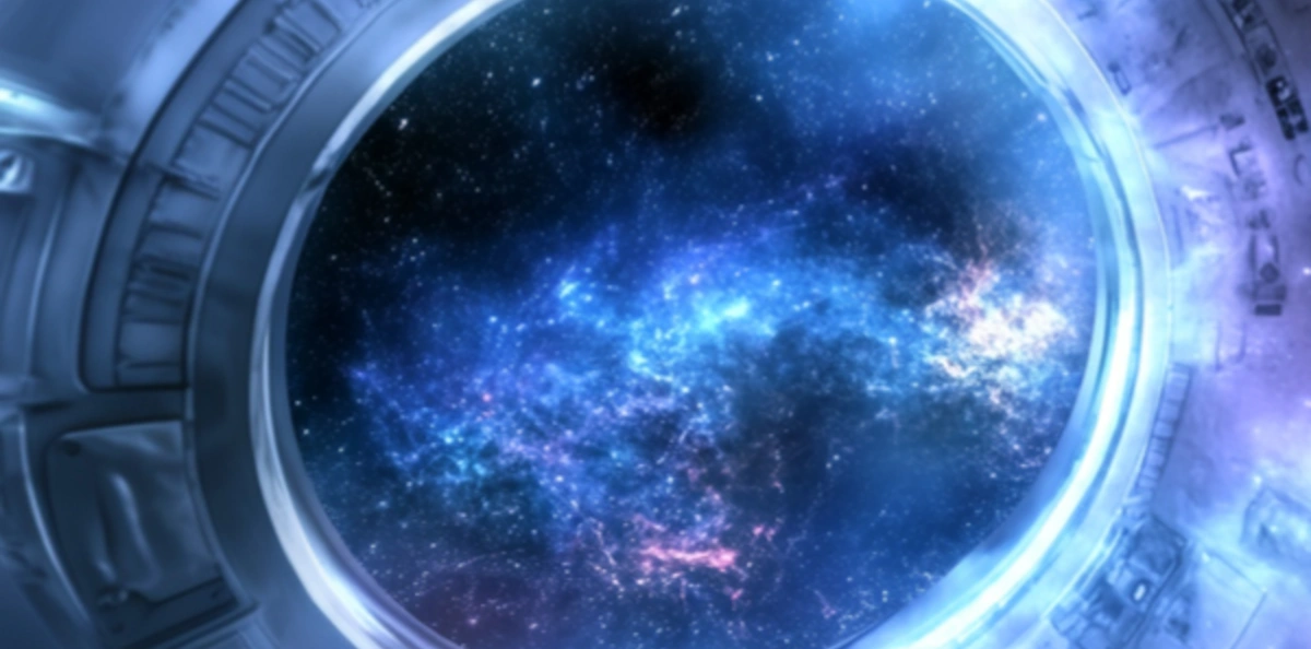 Un ciel étoilé vu depuis le hublot d'un vaisseau spatial