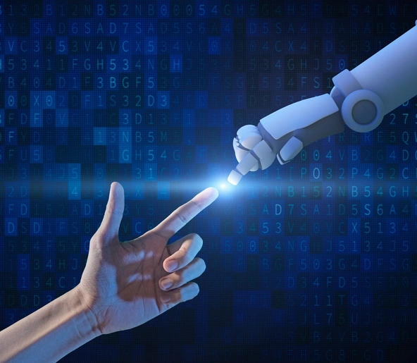 Main humaine et main robot se touchant