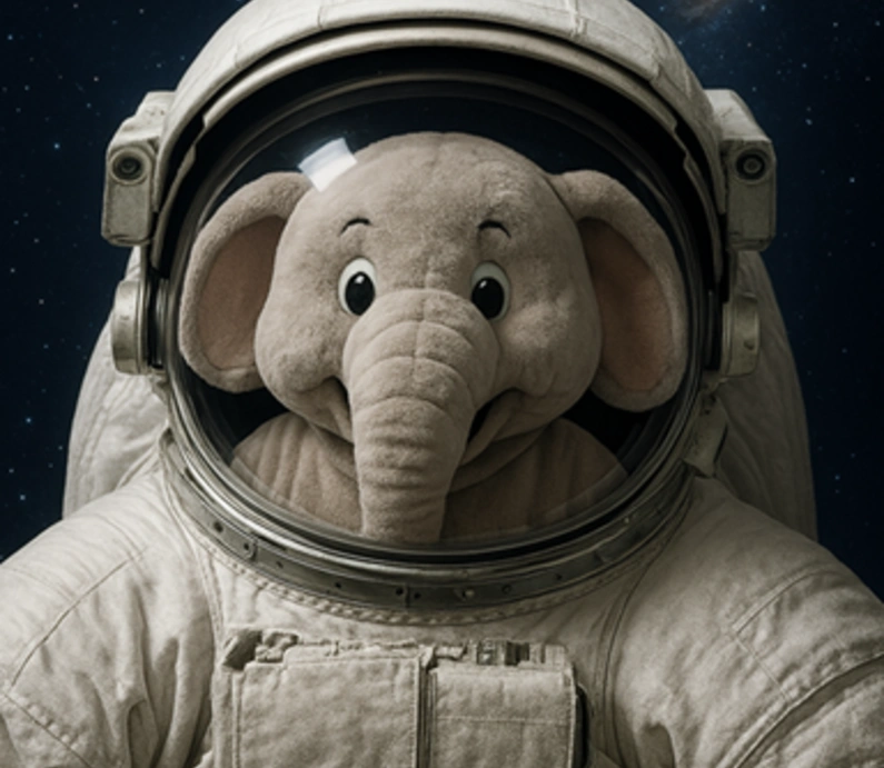Elephancia la masquotte éléphant d'Audencia en combinaison spatiale